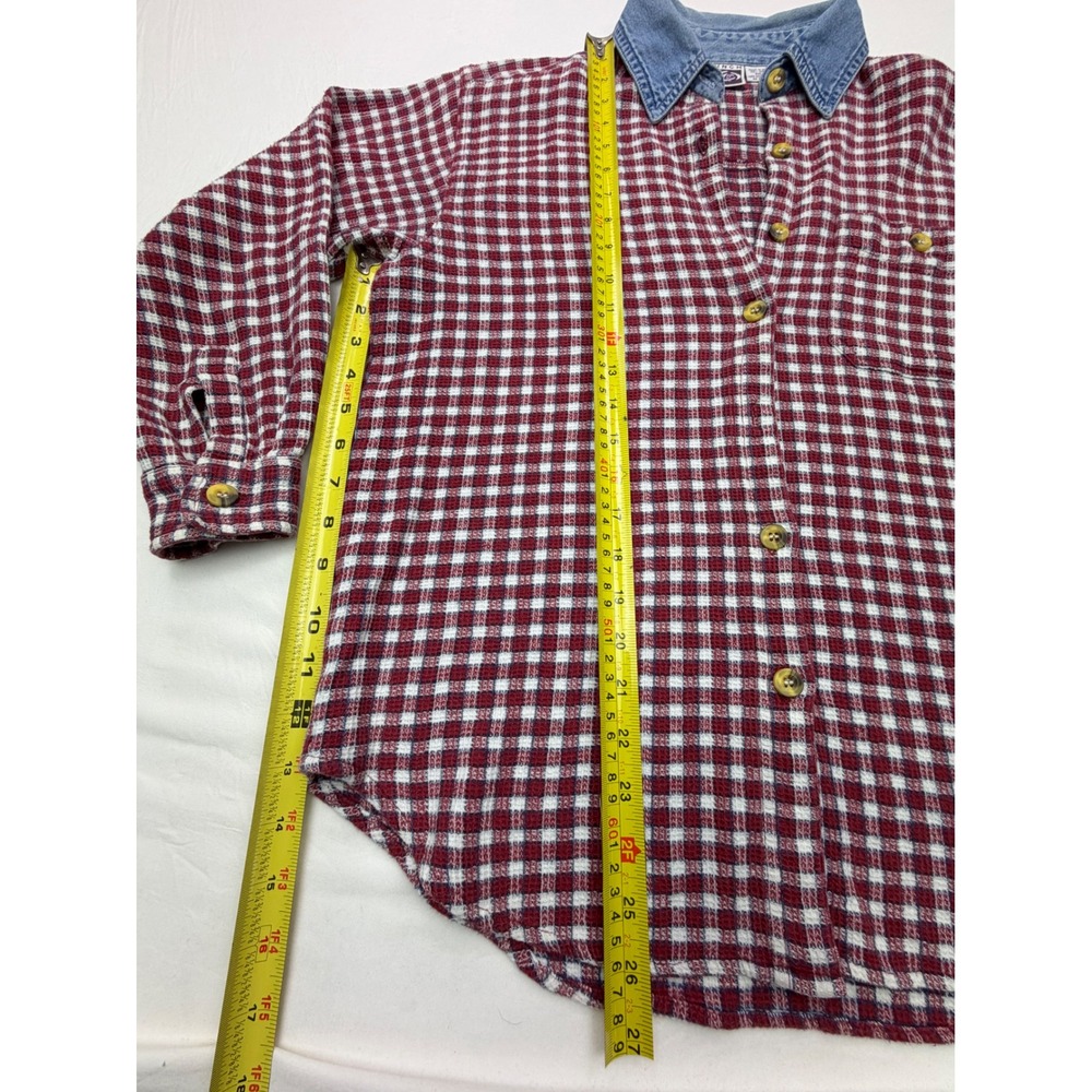 Vintage Red Gingham Waffle Texture Button Down Shirt Denim Collar Cotton Nepal M - Picture 4 of 10